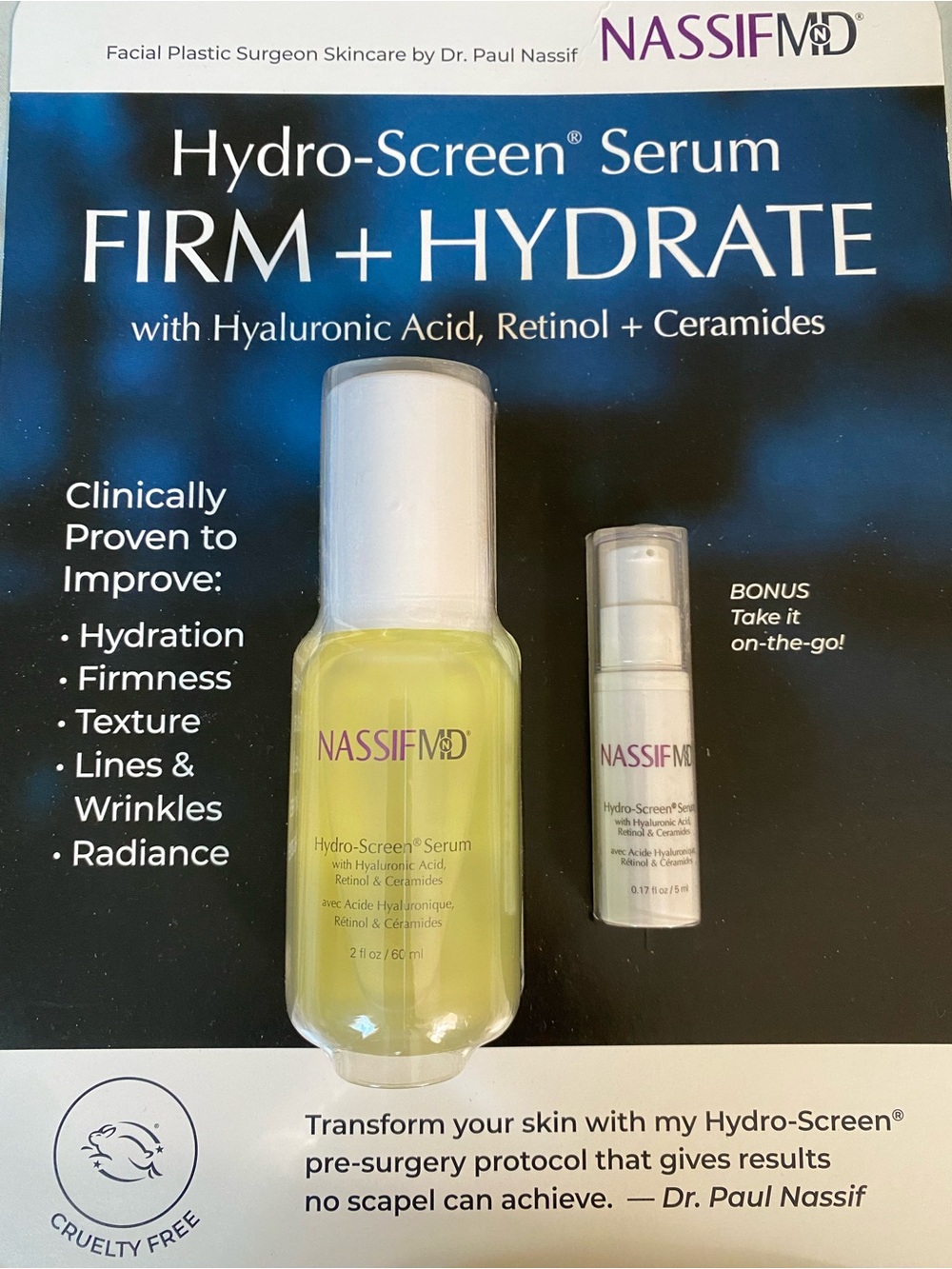 NassifMD Hydro-Screen Serum Firm + Hydrate, 2oz + 0.17oz BNIB Sealed